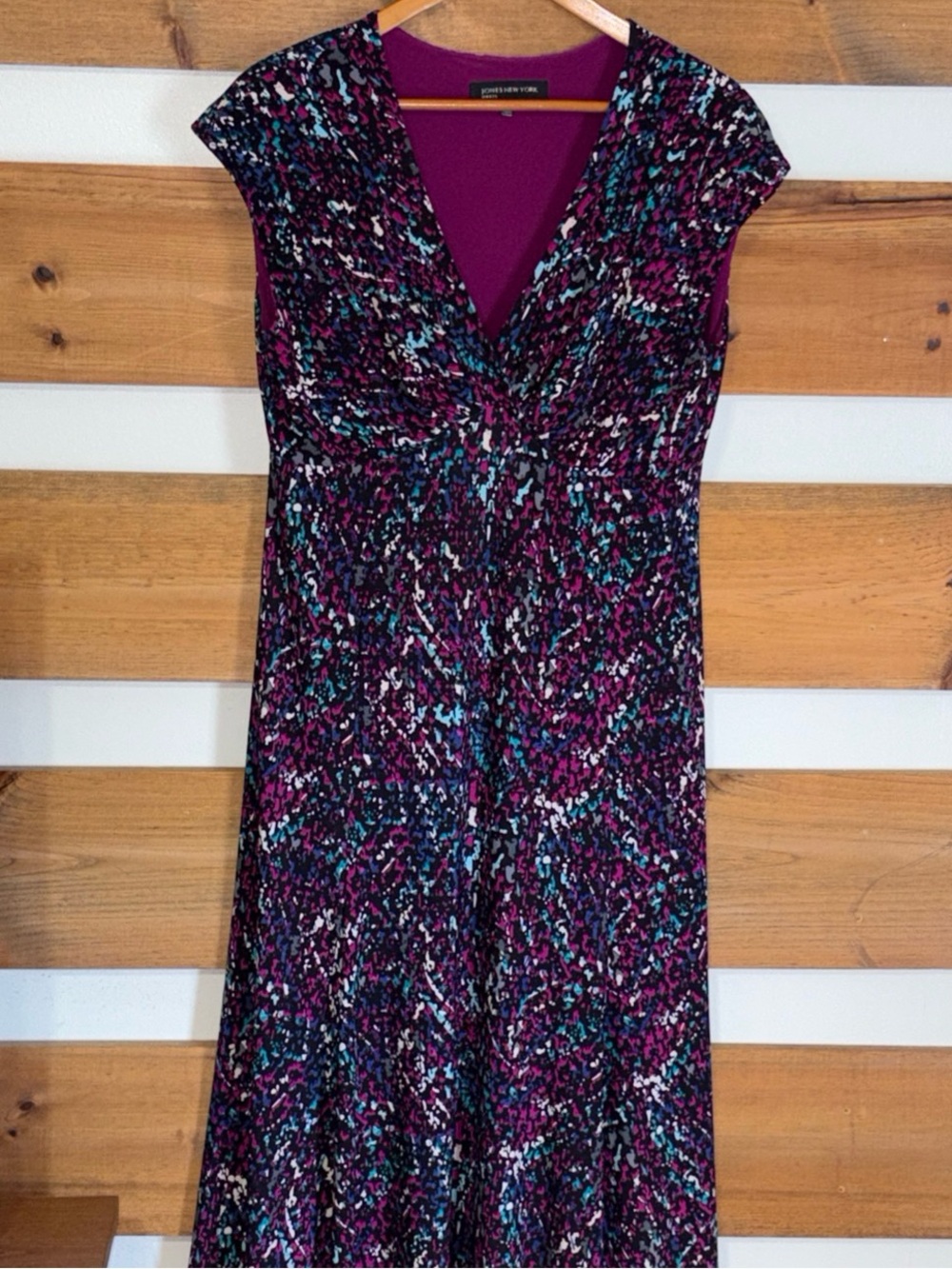 Jones New York Dress Cap Sleeve Multicolored Long V-Neck Fit & Flare Size 12